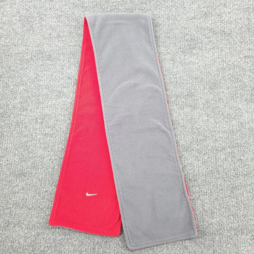 Nike‎ Scarf Mens One Size Gray Red Reversible Fleece Swoosh Logo Winter Ski